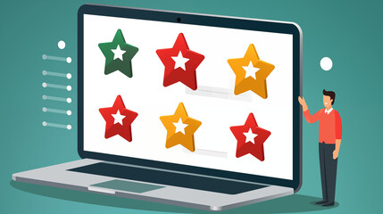 Illustration of a man engaging with a digital rating system on a laptop, highlighting various star ratings to assess service quality or performance.
