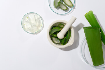 Some parts of fresh aloe vera contained on petri dish and mortar on white table, template for advertising cosmetic with blank space for adding text and design elements
