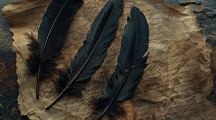 Feathers and old paper on a dark background. Top view.