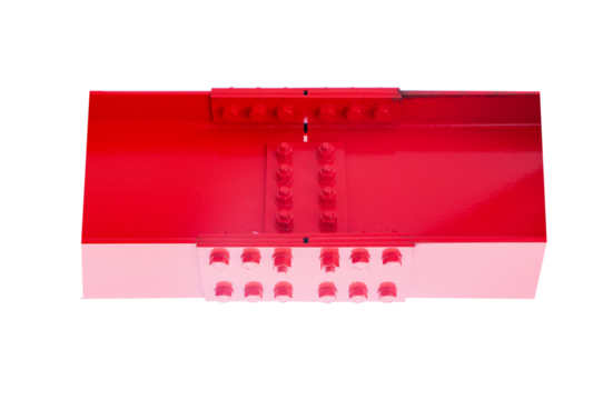 Large red screw hexagon flange nut supporting structure, metal frame of prefabricated building isolated on cut out PNG or transparent background. Metal posts or painted of billboard construction work.