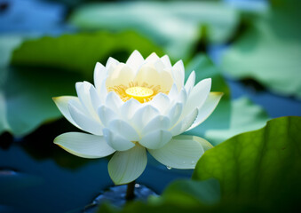 Beautiful White Lotus Flower with green leaf in in pond, extreme detail with full focus due to stacking of shots