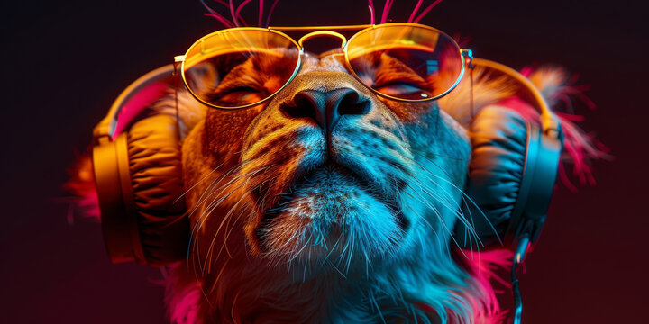 Cool neon party dj lion in headphones and sunglasses