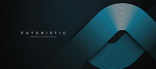 Futuristic abstract glowing lines on dark background. Elegant geometric stripe line design. Horizontal banner template. Vector illustration