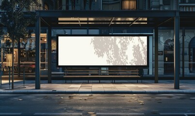 Early morning shot of a vacant billboard on a city street with rising sun illuminating the scene.