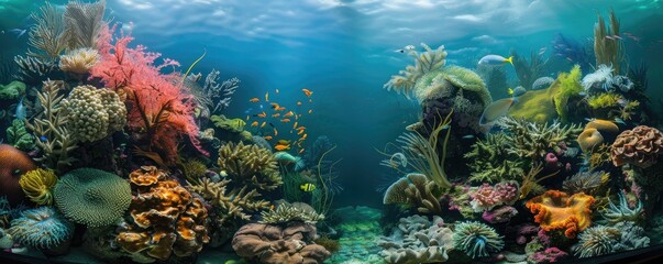 Naklejka premium An underwater landscape showcasing a coral reef bathing in sunbeams penetrating the ocean's surface. copy space for text.