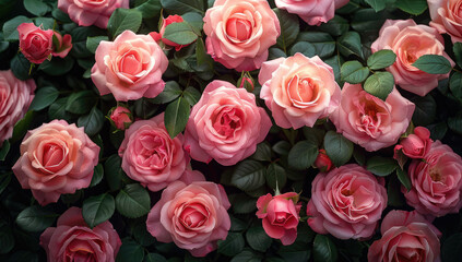 A lush, vibrant bouquet of pink and peach roses in full bloom. Created with Ai