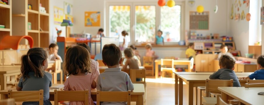 A focused girl child is engaged in reading a book among other kids in a colorful kindergarten room.