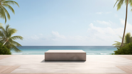 A large stone slab sits on a beach near the ocean