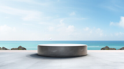 A large, round, grey stone sits on a beach near the ocean - Powered by Adobe