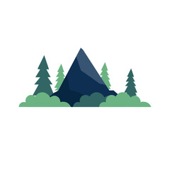 Flat illustration of hill or mountain with trees and bushes, mountain landscape icon vector art