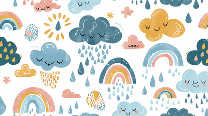 kids background concept. sky seamless pattern with hand drawn rainbow and rain drops