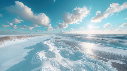 wide angle photo of sea, beach and sky. Created with Ai