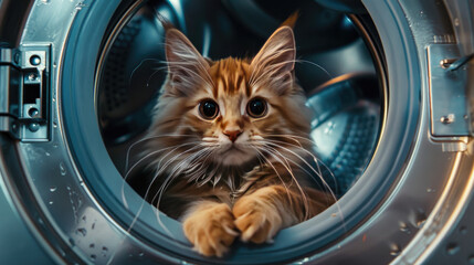 A Cat Explores Washing Machine for a Cozy Hideou - obrazy, fototapety, plakaty