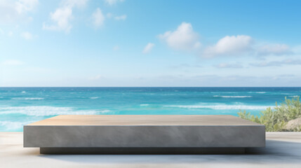 A large concrete slab sits on a beach, overlooking the ocean