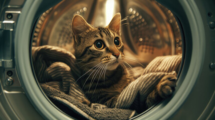 A Cat Explores Washing Machine for a Cozy Hideou - obrazy, fototapety, plakaty