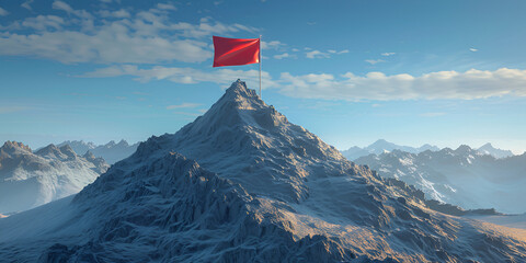 Red Flag Fluttering Atop Mountain Peak