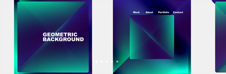 A collection of geometric backgrounds featuring a vibrant blue and purple gradient. The rectangles, symmetry, and colorful hues create a visually stunning display for any device
