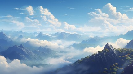 Tranquil mountaintop view with clouds below, a clear blue sky, and a sense of solitude,