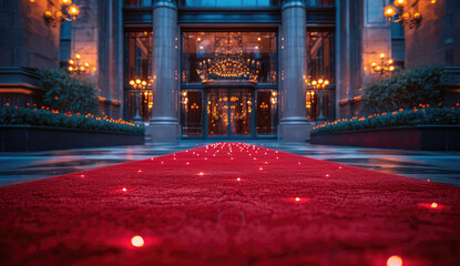 Red carpet with sparkling sequins, leading to the grand hall of an opulent palace or event venue....