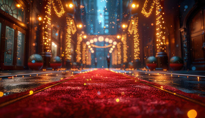  A red carpet made of sequins leading to the entrance, with a grand hall in the background. Created with Ai