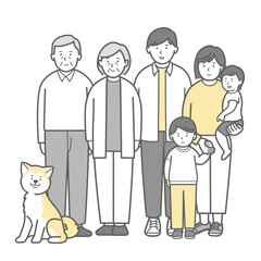 小さい子供と犬の二世帯家族の全身イラスト