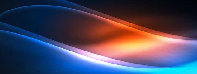 Captivating closeup of a vibrant wave with shades of blue, purple, and amber against a dark background. The electric blue hue and lens flare add a touch of technology to the sky gas scene