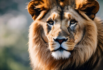 Close-up portrait of a majestic lion with a focused gaze, set against a blurred natural background. World Lion Day.