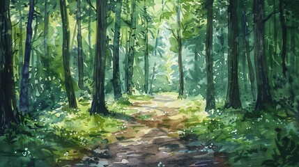 Obraz premium Artistic watercolor depicting a peaceful forest path under the rich green hues of tall trees, sunlight speckling the ground with light and shadows