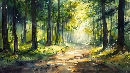 Artistic watercolor depicting a peaceful forest path under the rich green hues of tall trees, sunlight speckling the ground with light and shadows