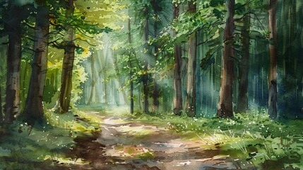 Artistic watercolor depicting a peaceful forest path under the rich green hues of tall trees, sunlight speckling the ground with light and shadows