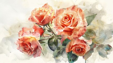 Artistic watercolor of a bouquet of garden roses in full bloom, each petal painted with delicate strokes to emphasize freshness and vitality