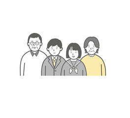 笑顔の両親と学生の4人家族の上半身イラスト