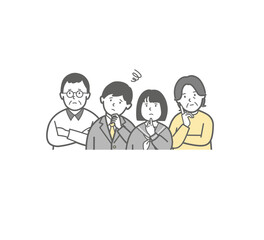 困った表情の両親と学生の4人家族の上半身イラスト