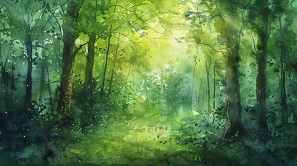 Artistic watercolor of a forest clearing, vibrant green foliage and light filtering through leaves, perfect for a healing environment