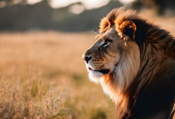 A majestic lion with a full mane gazes into the distance, set against a golden grassy background...
