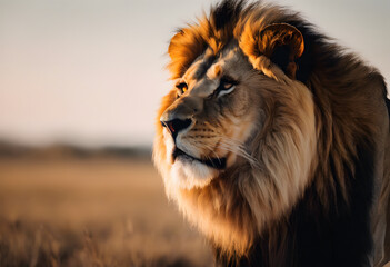Close-up of a majestic lion with a lush mane, gazing into the distance during golden hour in the savannah. World Lion Day.