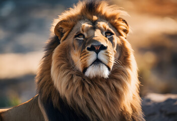 Fototapeta premium Close-up of a majestic lion with a thick mane in natural light, looking directly at the camera. World Lion Day.