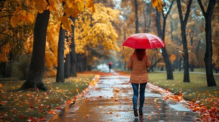 Delighted woman with a bright umbrella walking through a park, enjoying the crisp, rainy autumn weather