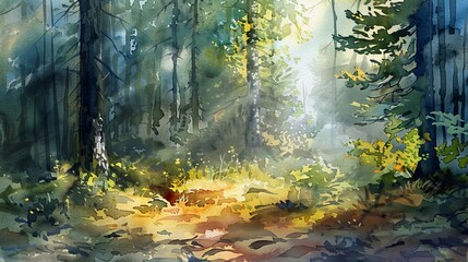 Artistic watercolor showing a stream winding through lush woodlands, the movement of water adding a calming effect to the dense forest setting