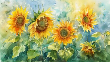 Fototapeta premium Bright watercolor of sunflowers turning towards the sun, their bold yellows and lively greens evoking feelings of optimism and energy