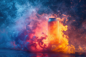  A vibrant explosion of color and smoke emanating from an energy drink can, creating a dynamic visual effect in the background. Created with Ai