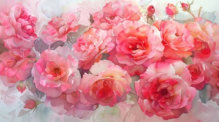 Delicate watercolor of a cluster of garden roses in full bloom, soft petals in shades of pink and red enhancing a sense of hope and renewal