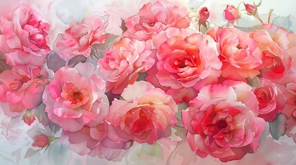 Fototapeta premium Delicate watercolor of a cluster of garden roses in full bloom, soft petals in shades of pink and red enhancing a sense of hope and renewal