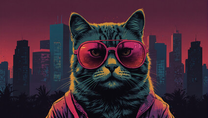 A cool cat wearing sunglasses is looking at the camera with a graffiti background in shades of blue, pink, and yellow.

