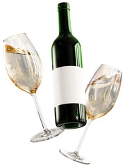 3D White Wine Glasses and Bottle Floating, Celebration Concept