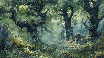 Detailed watercolor of an ancient forest in the early morning, the aged trees and soft greens conveying a timeless tranquility
