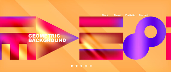The colorful geometric background features vibrant shades of purple, orange, and violet, with a central purple circle surrounded by rectangles and triangles in shades of amber and magenta