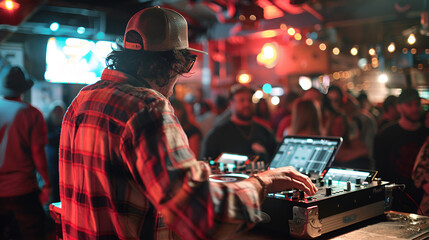 Dj mixing outdoor at party festival with crowd of people in background - Summer nightlife view of disco club outside ai generative