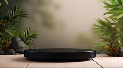 A black round table with a green background