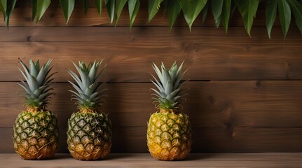 Four ripe pineapples in a row with on wooden.generative.ai